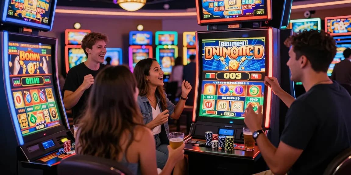 Friends enjoying the excitement of the casino while strategizing on maximizing their slot bonus.