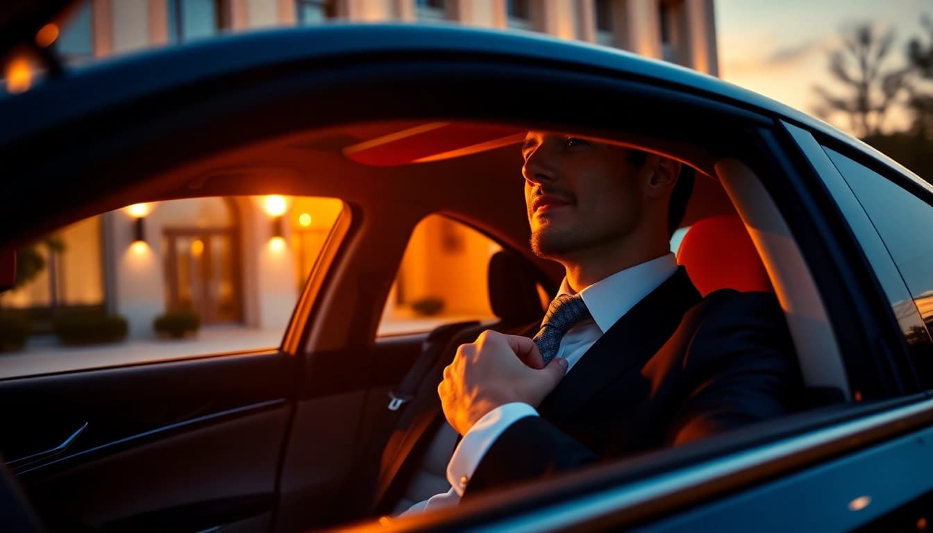 Experience chauffeur services near me with a professional driver in a luxury sedan outside a hotel.