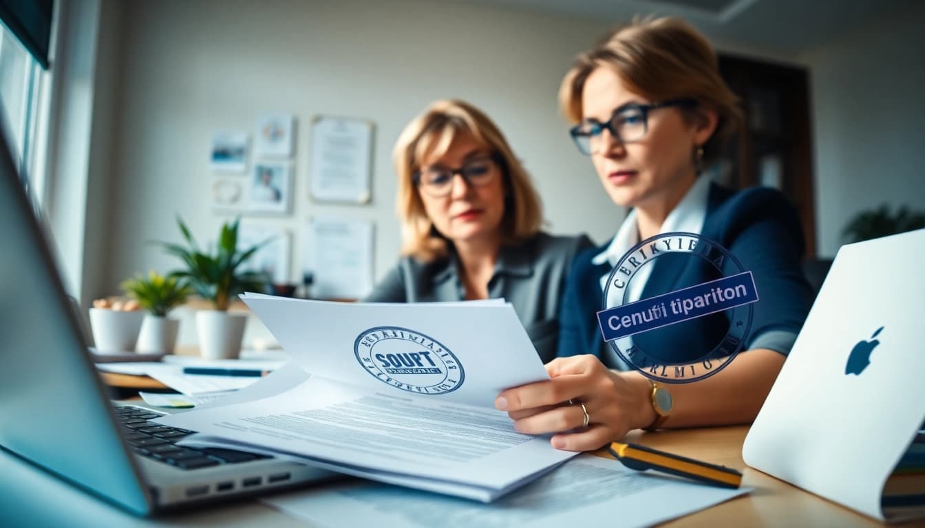 Soudní překlad: Certified translator working on legal documents in a professional office setting.