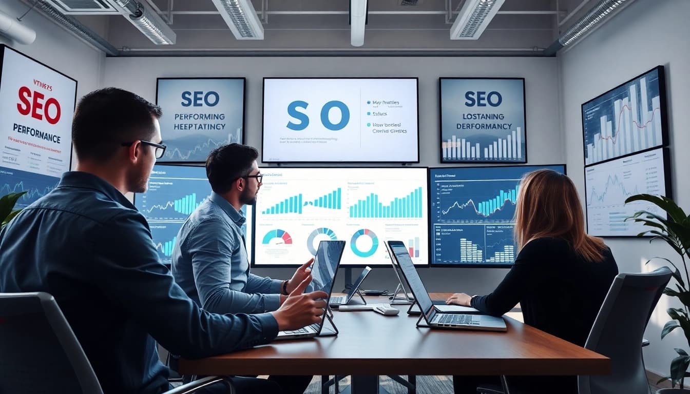 Visual representation of a team driving SEO performance through data analysis and collaboration in an office.