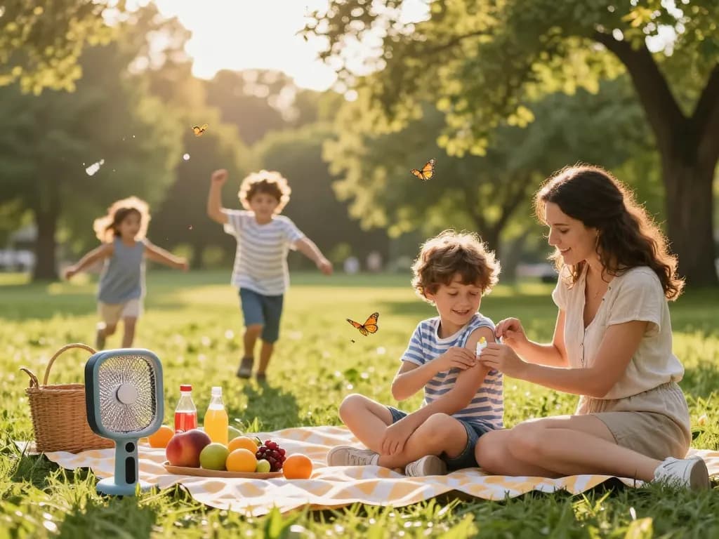 Family enjoying a picnic while applying mosquito repellent for protection against insects.