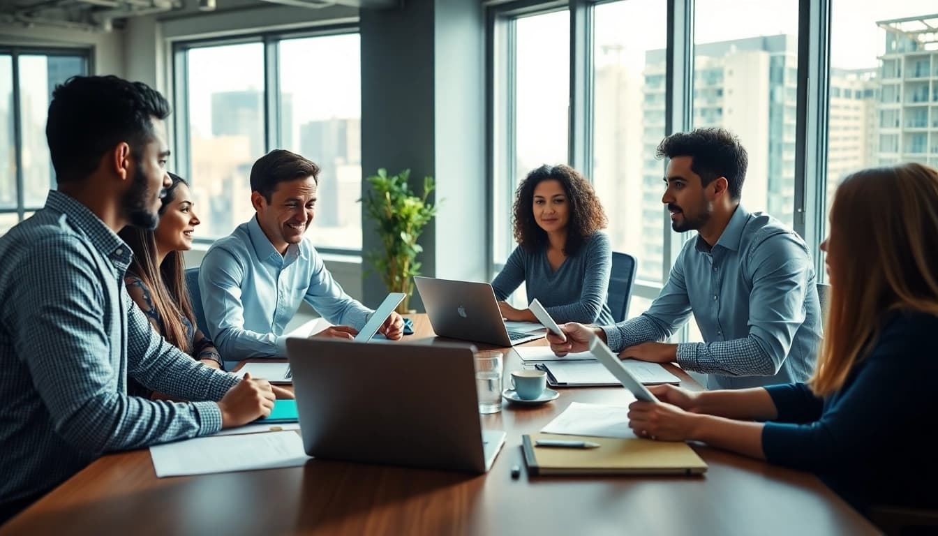 Team collaborating on competitive intelligence analysis in a modern office