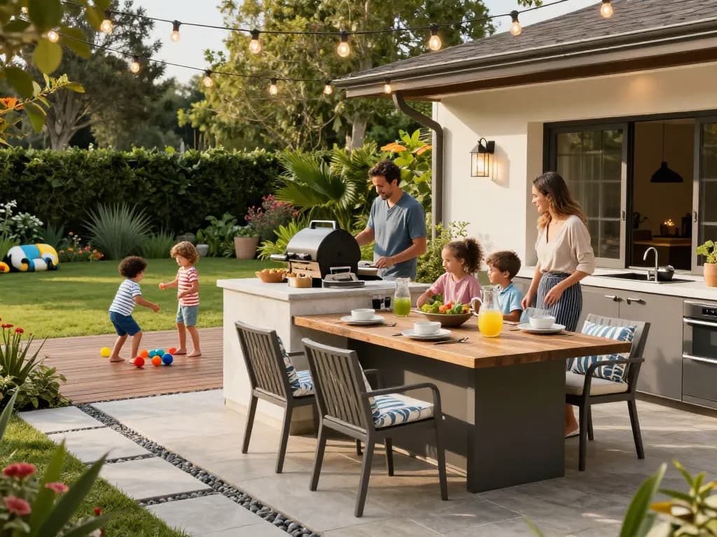 Family enjoying the outdoor living configurator in a beautifully designed backyard.