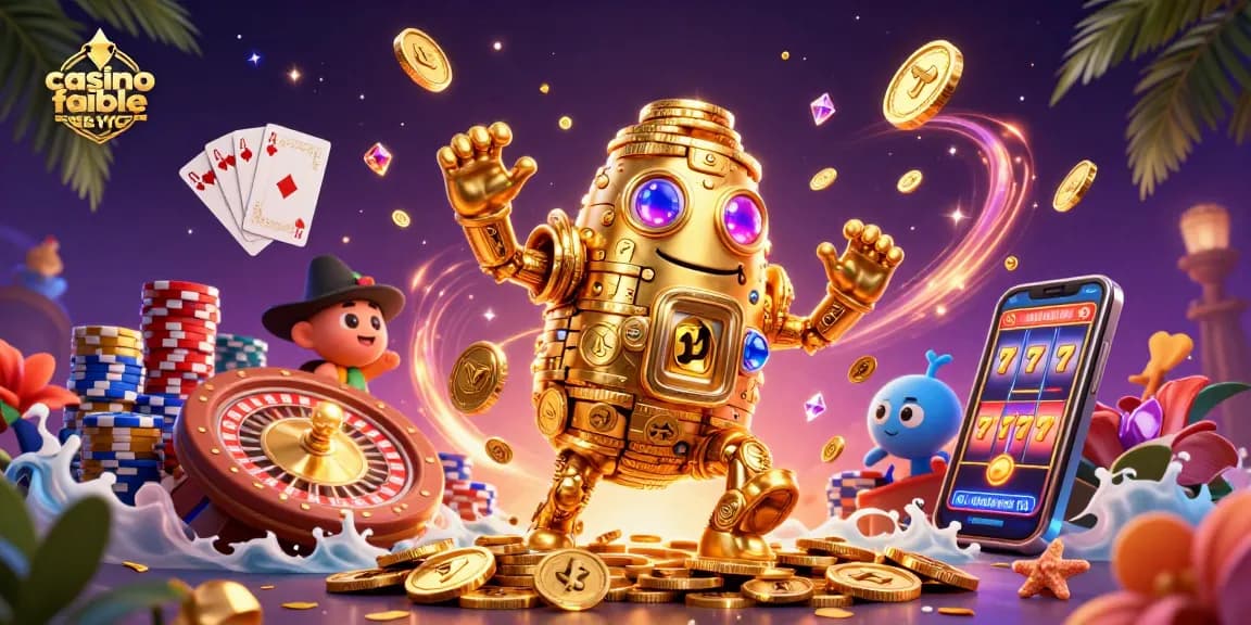 Illustration dynamique d'un casino fiable sans KYC, avec un golem doré, des jetons et des cartes.