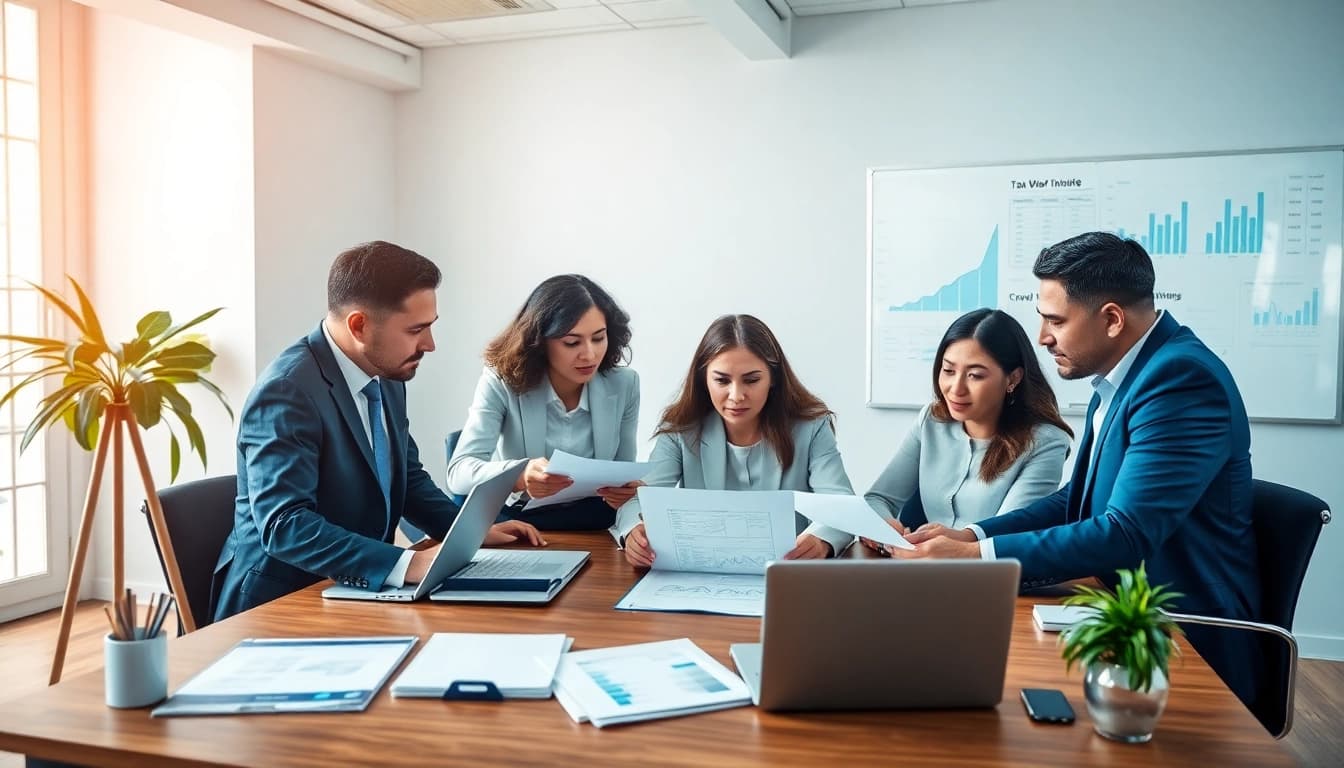 Business professionals practicing corporate tax return filing in UAE in a modern office setting.