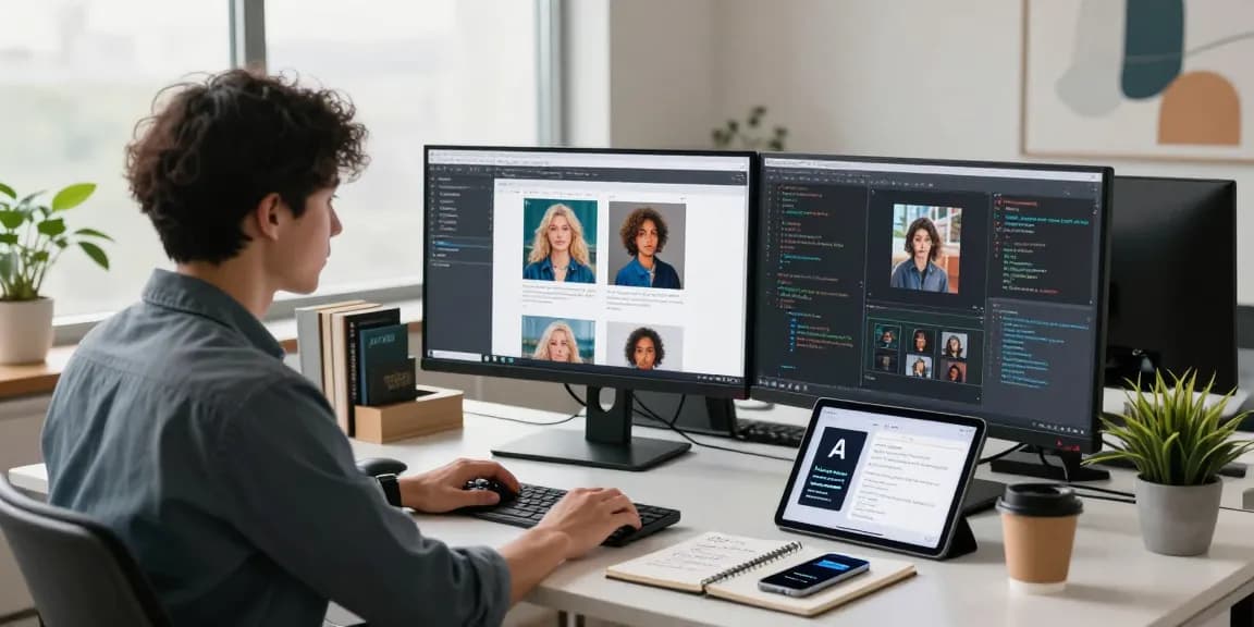 Using a free AI image detector to analyze AI-generated images on dual monitors in a modern tech workspace.