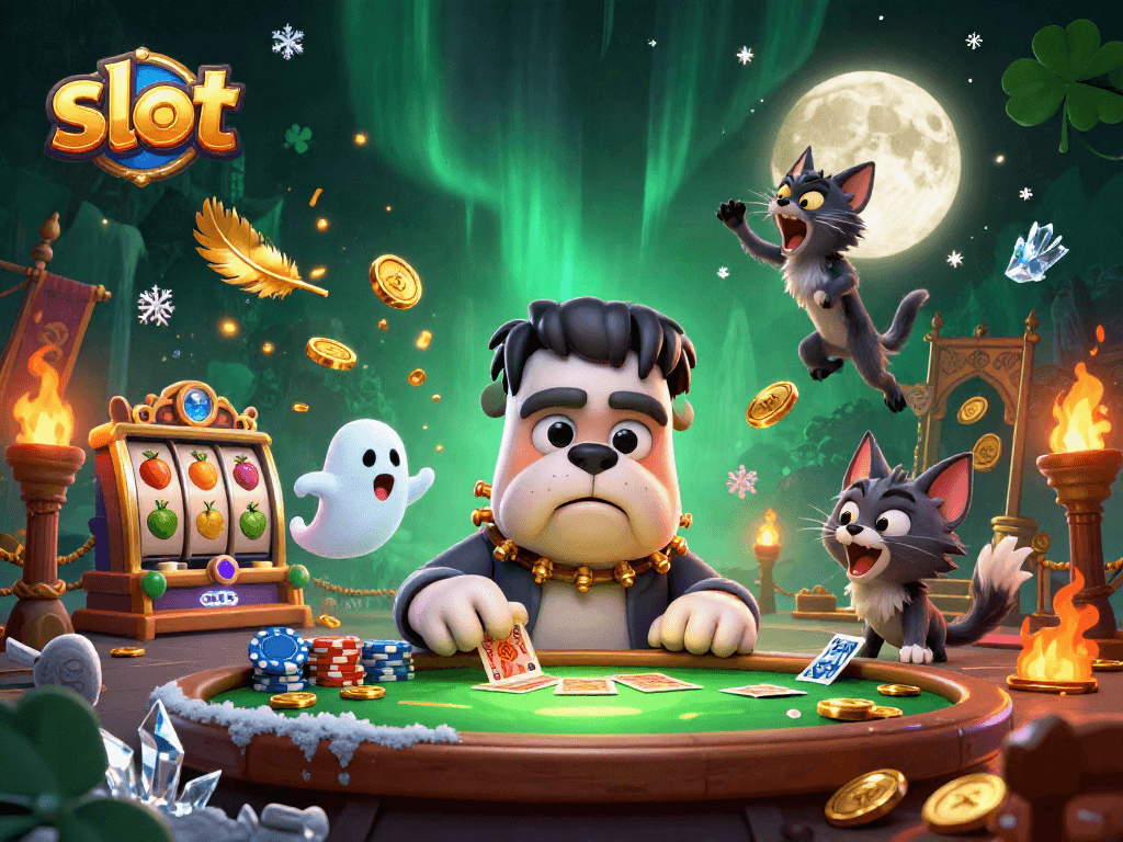 Engage in thrilling slot gameplay with Frankenstein bulldog monster and ghost mouse in an exciting casino scene.