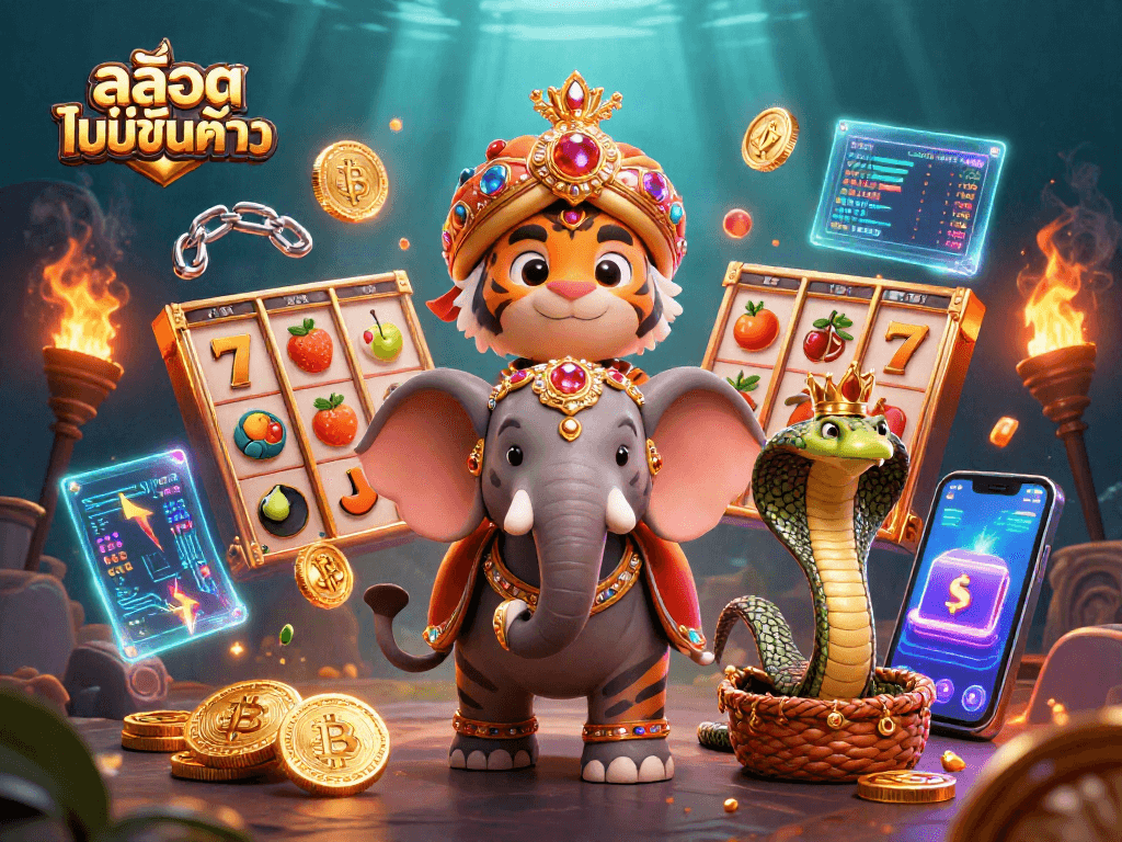 Experience the excitement of สล็อตไม่มีขั้นต่ำ with a vibrant 3D casino scene featuring unique slot elements.
