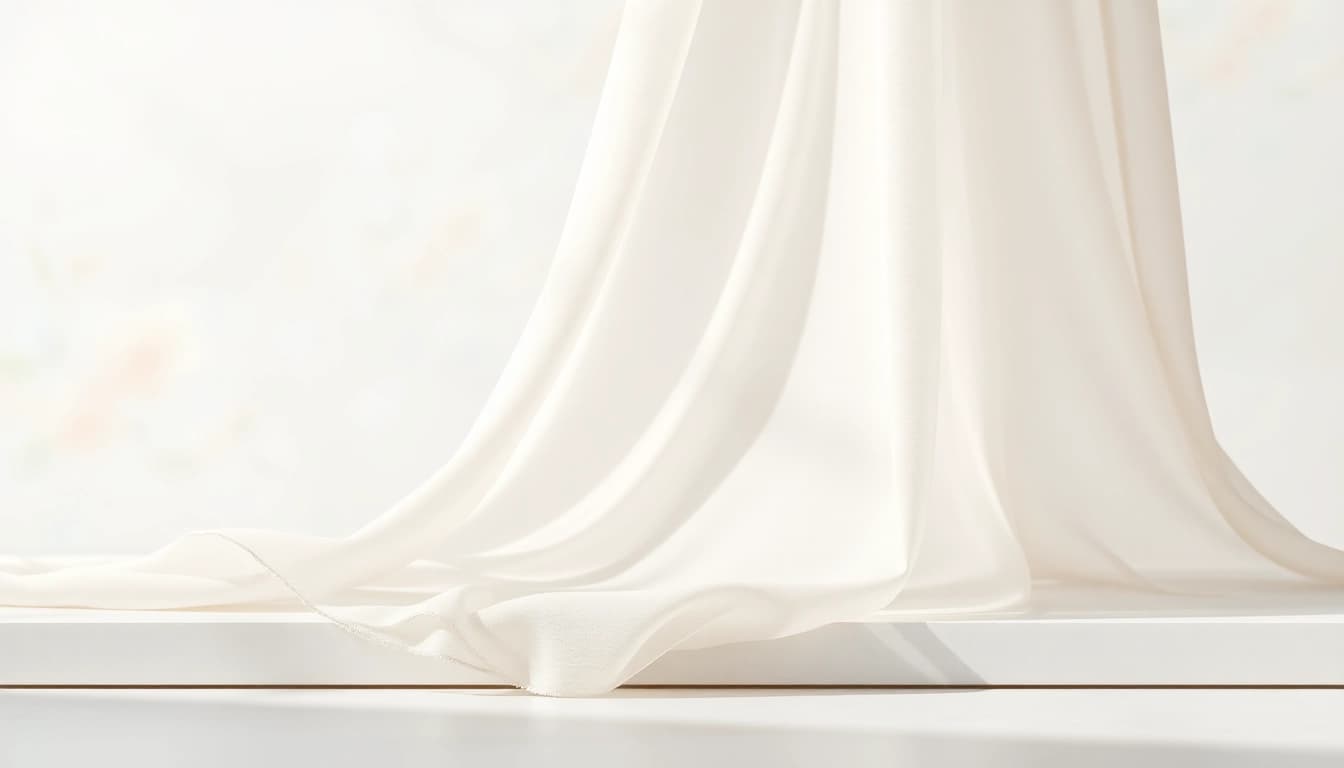 Chiffon stof die elegant in de lucht waait met zachte achtergrondtinten.