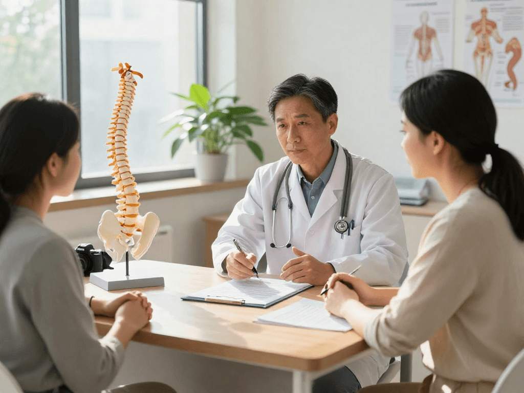Patient consultation about dar kanal ameliyatı with a surgeon in a modern medical office.