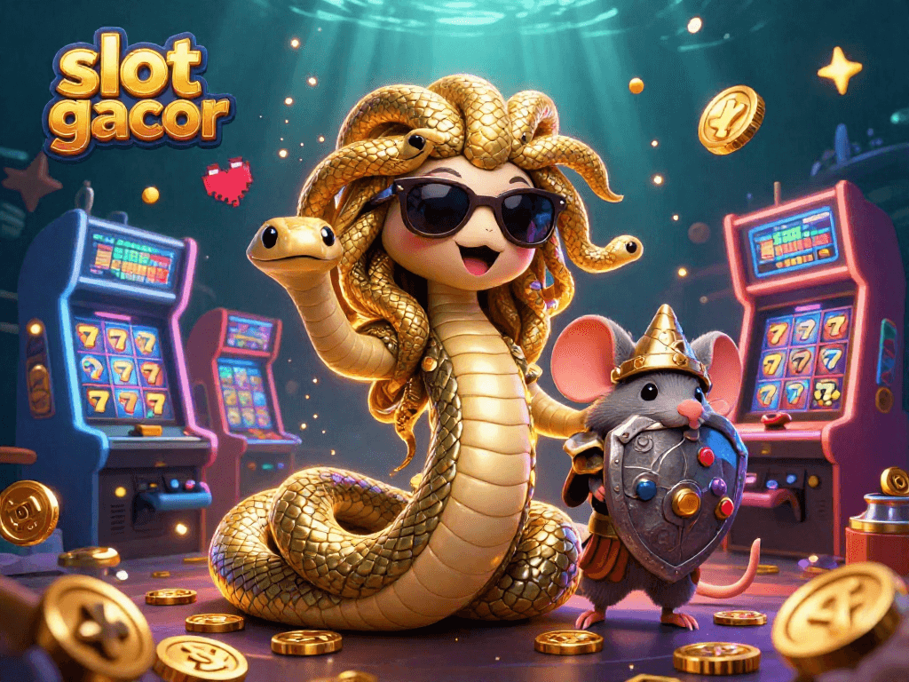 Experience slot gacor with a vibrant scene featuring a friendly Medusa and arcade game elements.