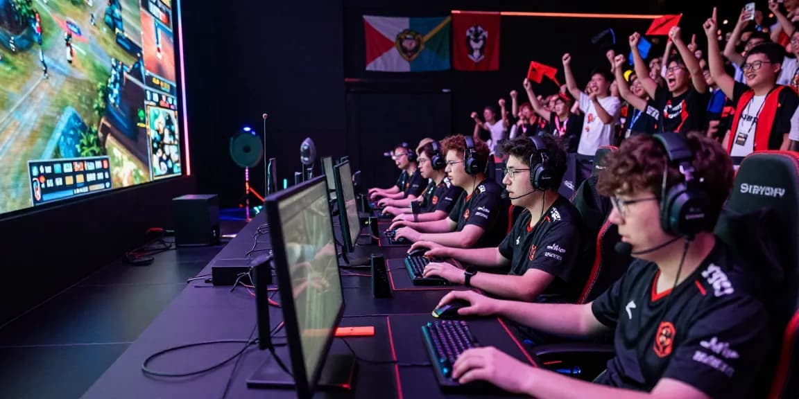 Exciting esports tournament scene with diverse gamers at their setups, showcasing rokok88 link alternatif amidst vibrant atmosphere.