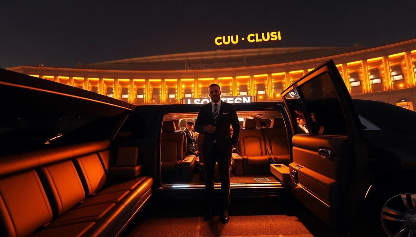 World Cup Group Transportation in luxury limousines at Los Angeles stadium, showcasing premium service and excitement.