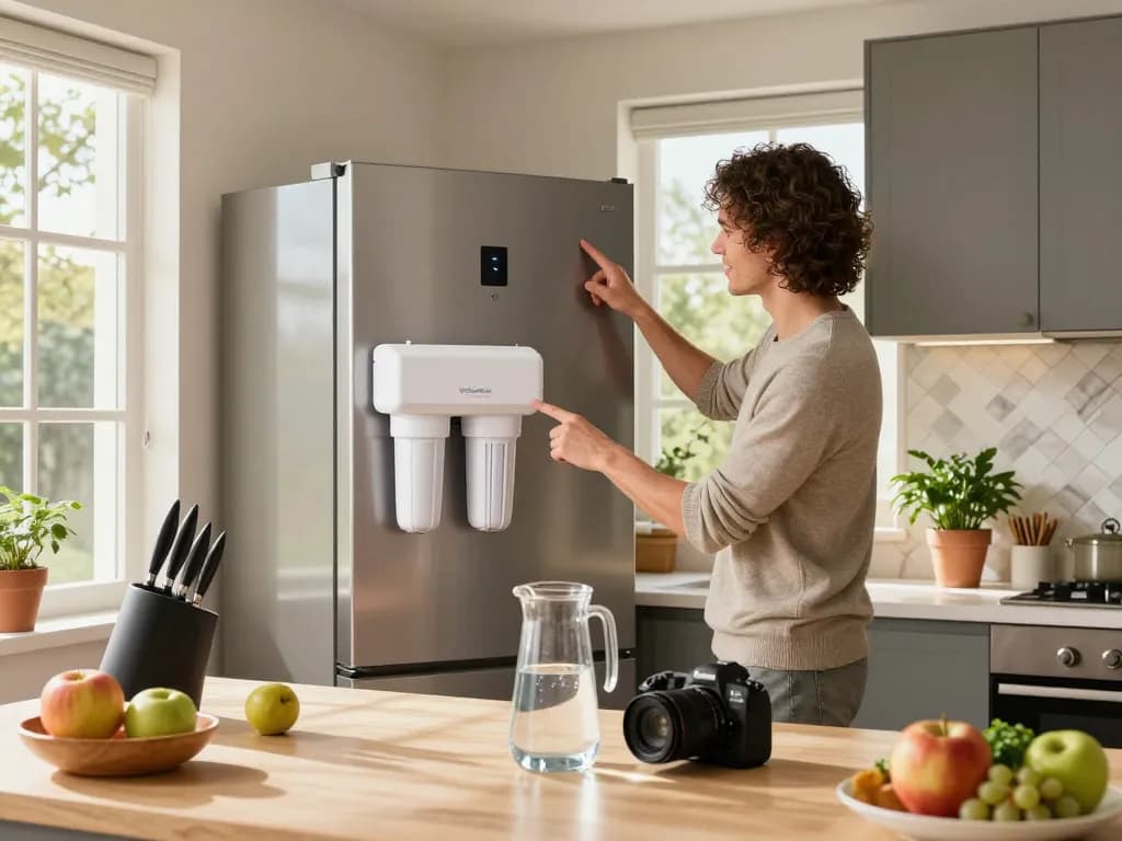 Homeowner replacing Waterdrop UKF8001 Refrigerator Water Filter 4 in a bright modern kitchen.