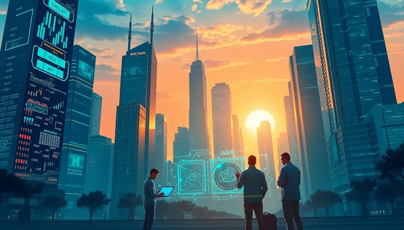 EORMC AI blockchain development showcased in a futuristic city with engineers and holograms.