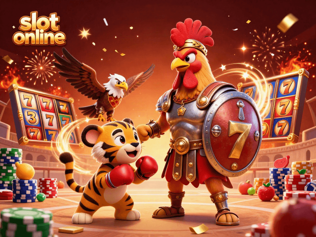 Experience thrilling slot online adventures with a vibrant 3D illustration of action in a casino.