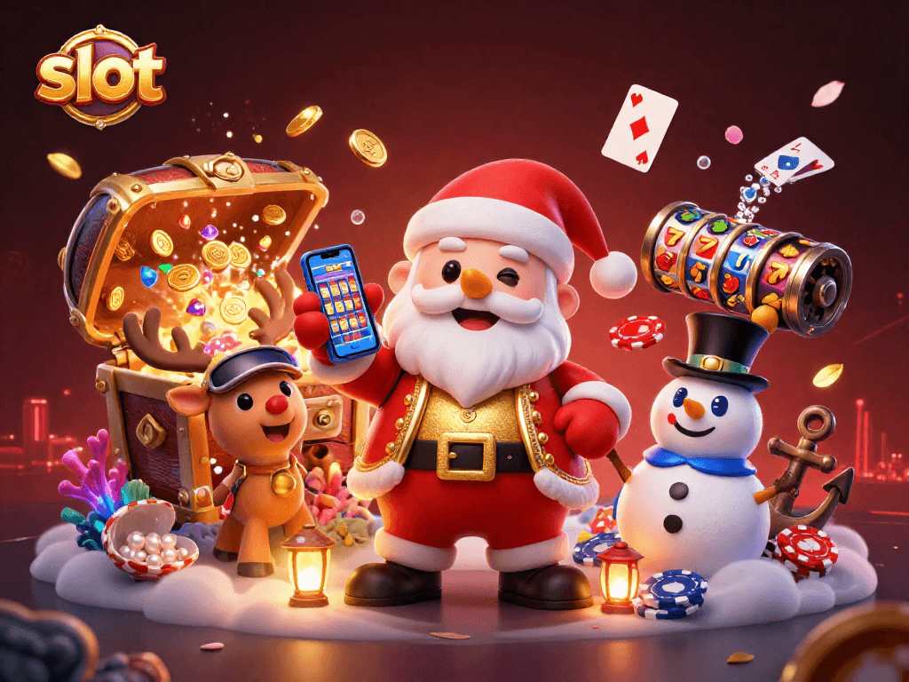 Slot menarik dengan Santa Claus dan chip poker, dipenuhi koin dan barang berharga.