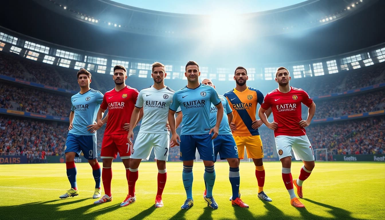 Showcasing an energetic soccer scene with team kit uniforms in action, capturing athleticism and teamwork.