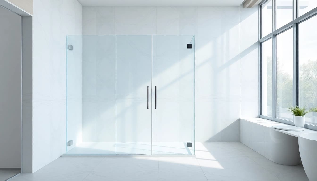 Showcasing elegant glass shower doors in a bright, modern bathroom setting.