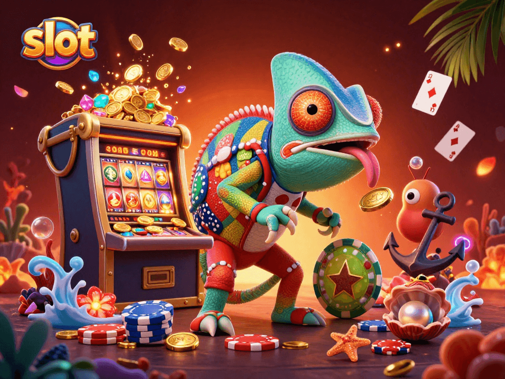 Experience thrilling slots gameplay with the vibrant chameleon casino owner, vibrant treasures, and lively gambling elements.