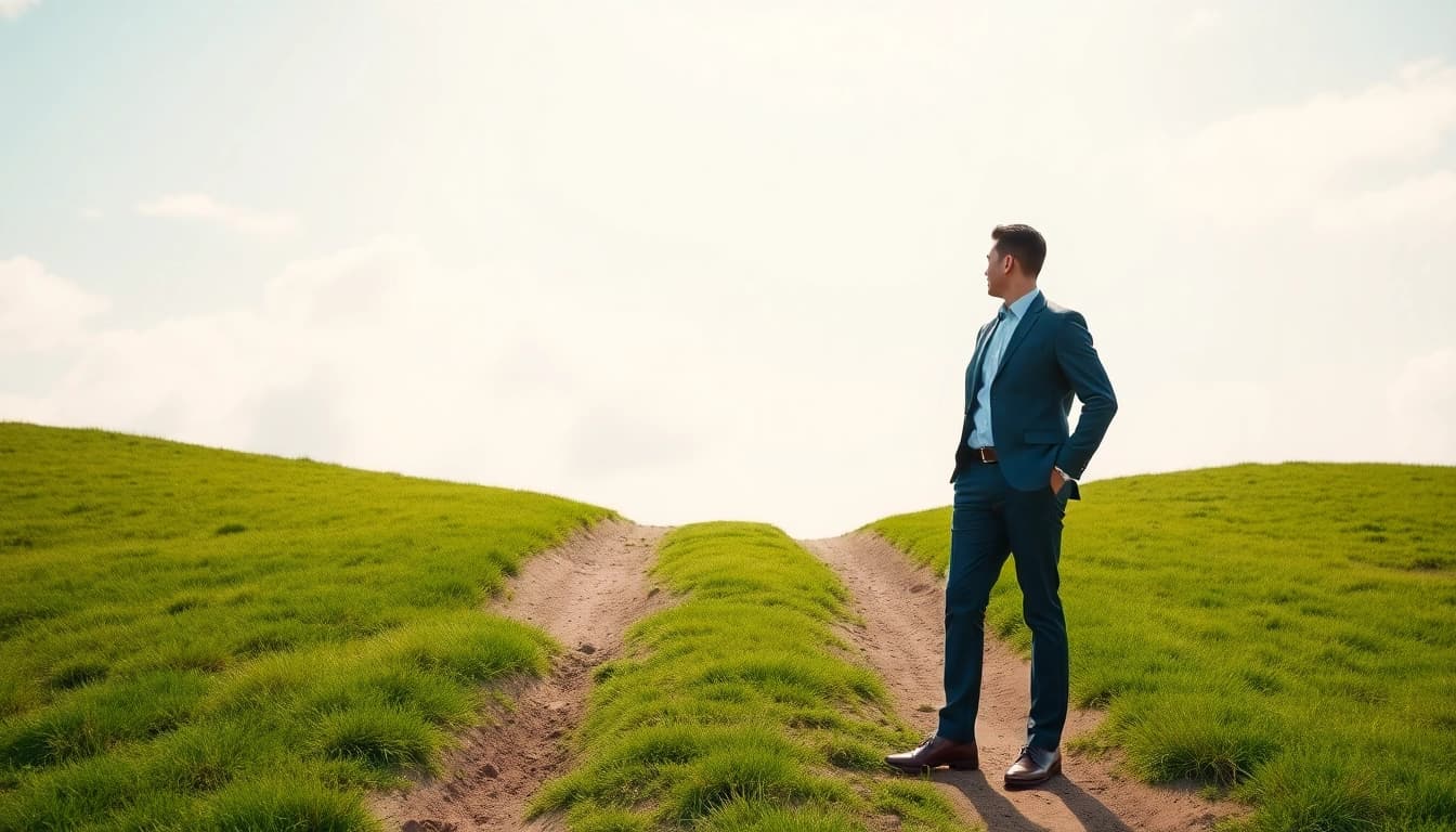 Find my true calling illustrated by a professional at a career crossroads with a vibrant background.