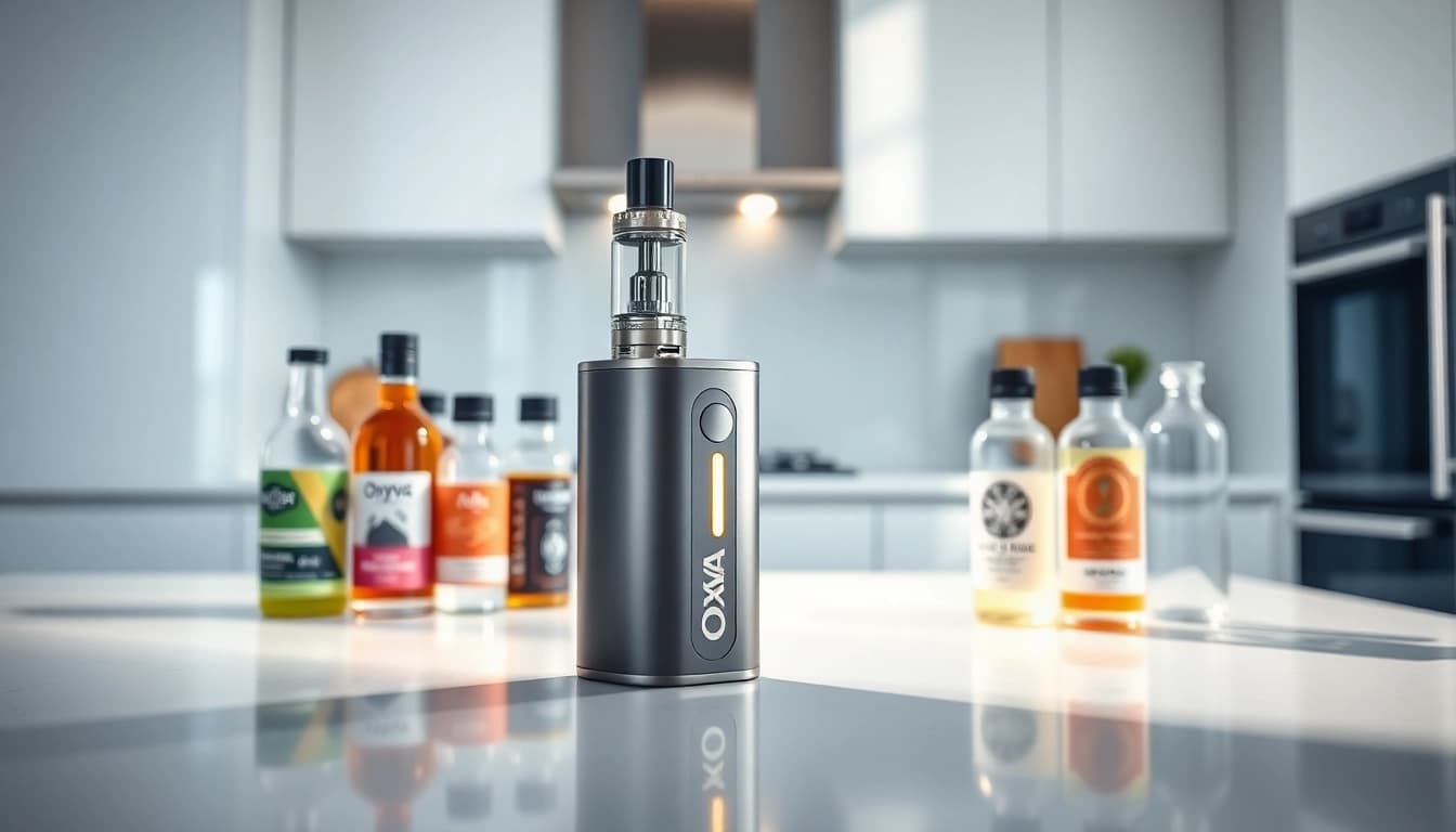 Verwenden Sie Oxva Vape-Geräte auf einem eleganten modernen Tisch mit E-Liquids.