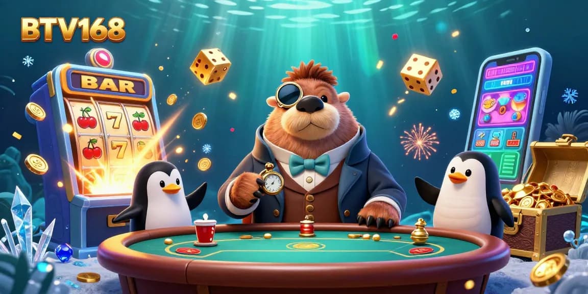 Experience the vibrant underwater casino with BTV168's jolly walrus and engaging characters.