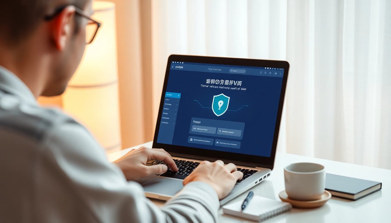 现代家用办公环境中的笔记本上显示的快连VPN界面。