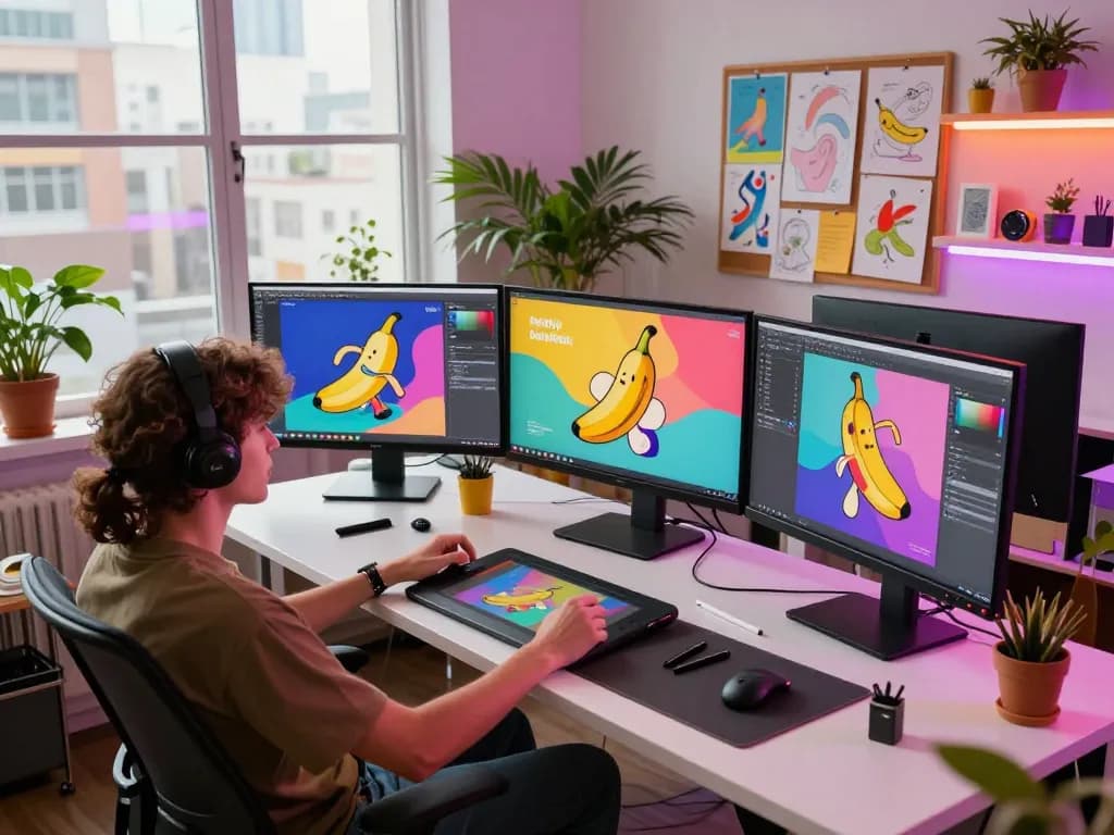 Digital artist utilizing nano banana pro for AI image generation in a creative workspace.