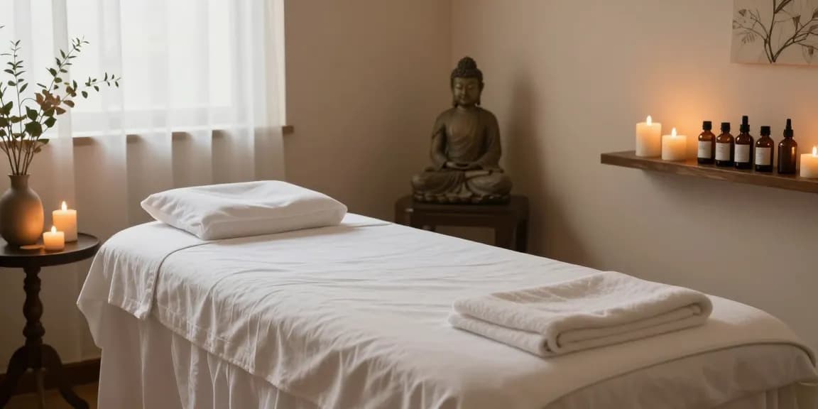 Experience a soothing massage at https://www.makangs.com/ in a serene one-person spa room with calming candles and aromatherapy.