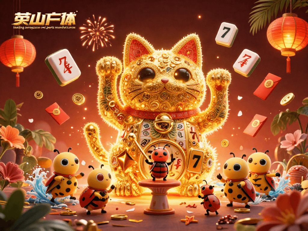 Engaging scene of leading aerospace cnc parts manufacturers illustrated as a lucky cat amidst vibrant casino elements.