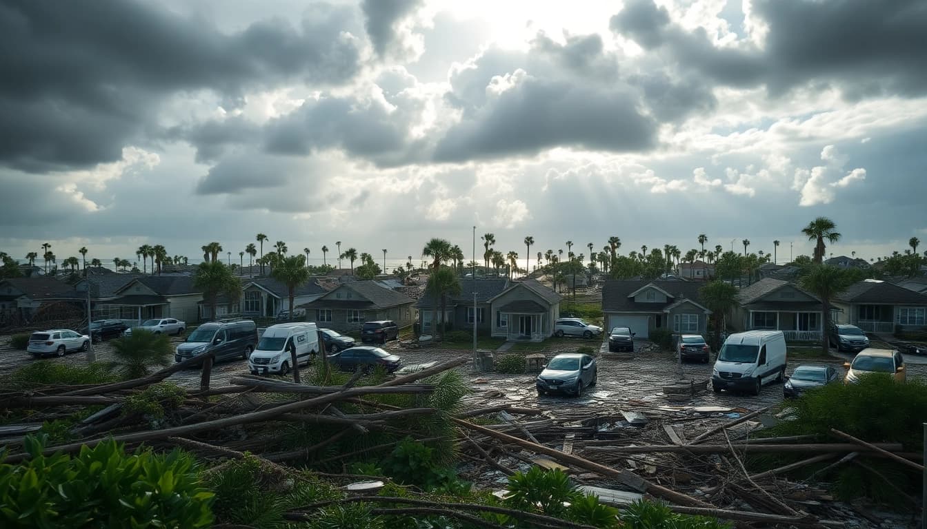 Illustration of Florida Hurricane Damage with wrecked buildings and debris, illustrating the aftermath of storms.