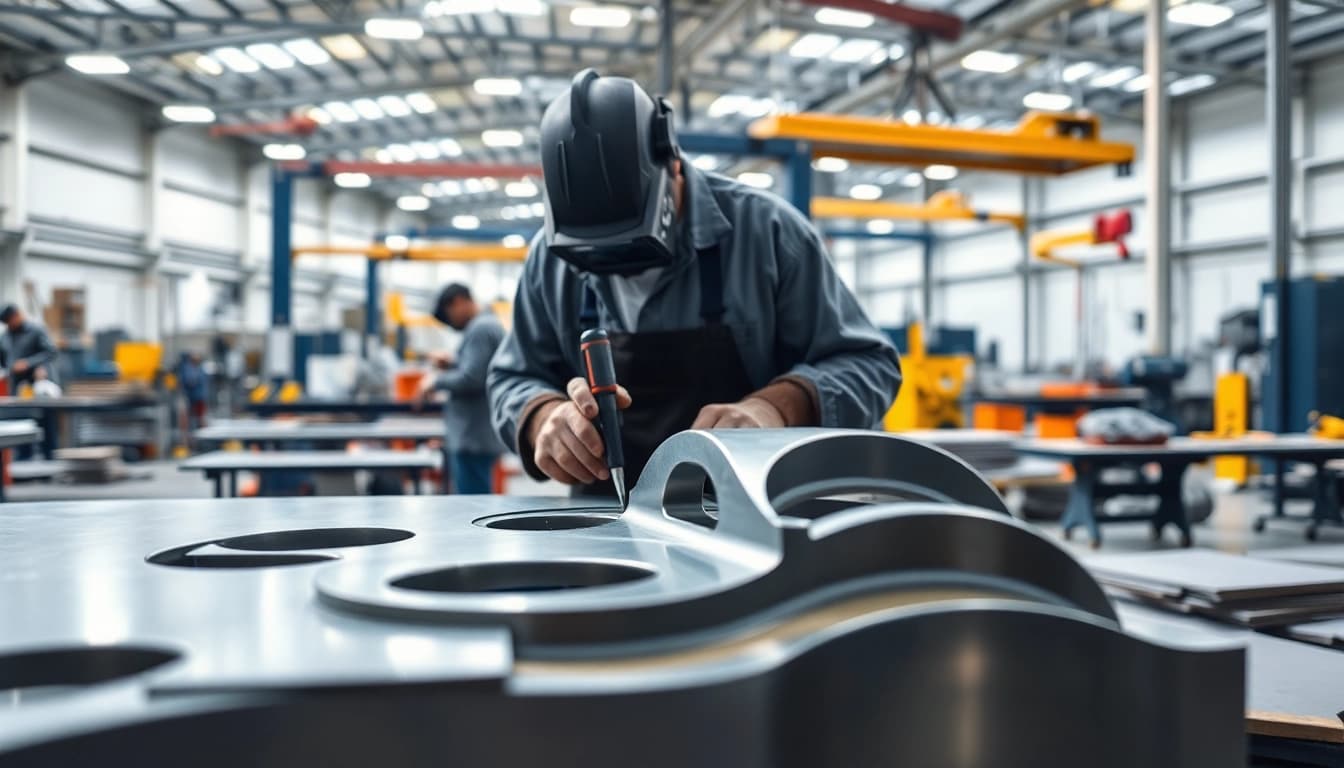 Expert craftsmen engaged in custom steel fabrication within a modern workshop environment.