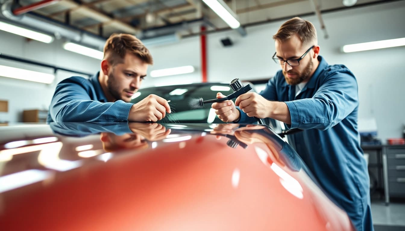 Applying ceramic coating near me to a vehicle in a bright auto detailing studio.