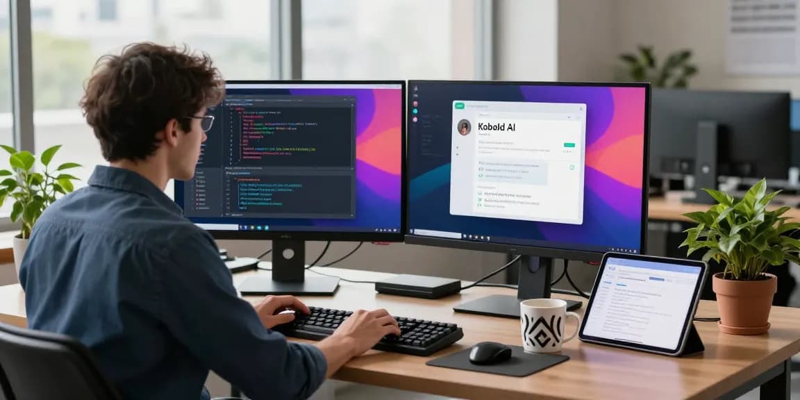 Kobold AI chatbot interface in a modern tech workspace with vibrant coding screen, showcasing an efficient digital interaction.