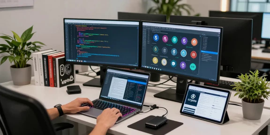 Engaging crypto mining platform development in a modern tech workspace with blockchain code and smart contract interfaces visible.