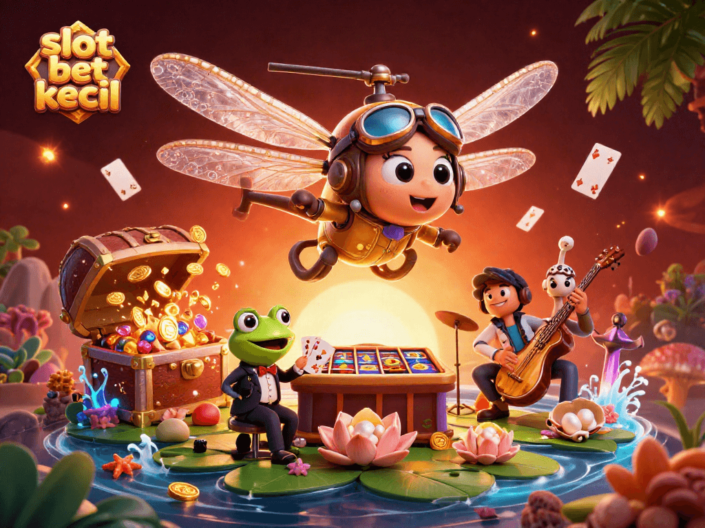 Engage in fun at the slot bet kecil with a vibrant casino scene featuring lively characters!
