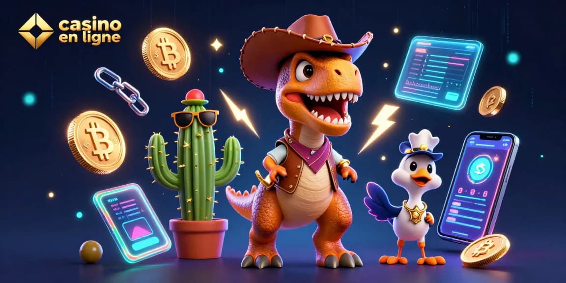 Plongez dans le monde du casino en ligne avec un T-Rex, cactus et roadrunner.