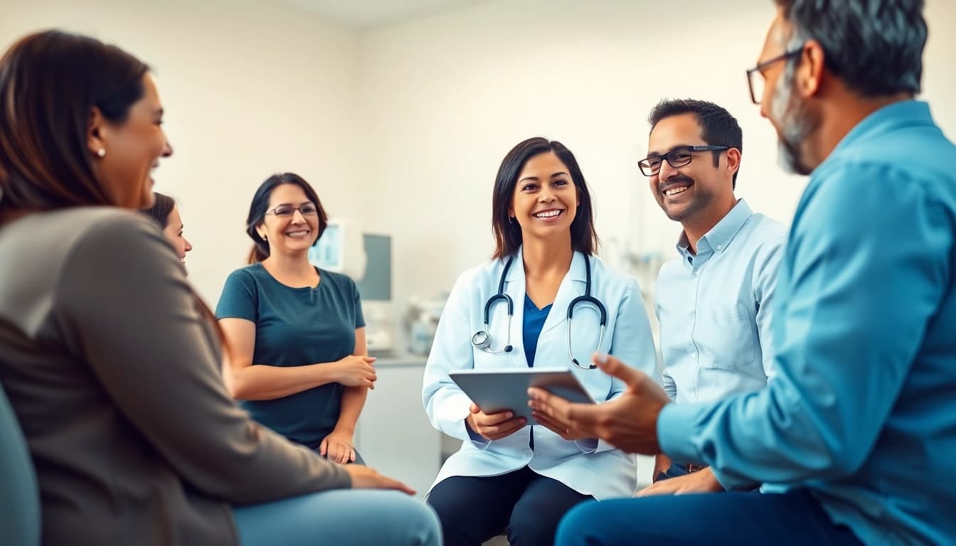 Engaging healthcare professional sharing health insights with patients in a modern clinic setting.