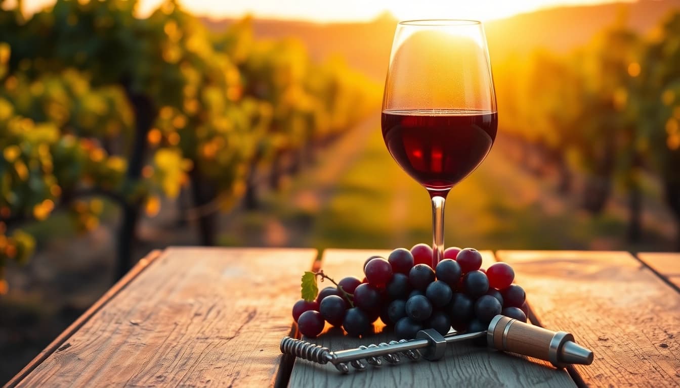 Savor the richness of petite sirah wine in an elegant setting with grapes and a corkscrew.