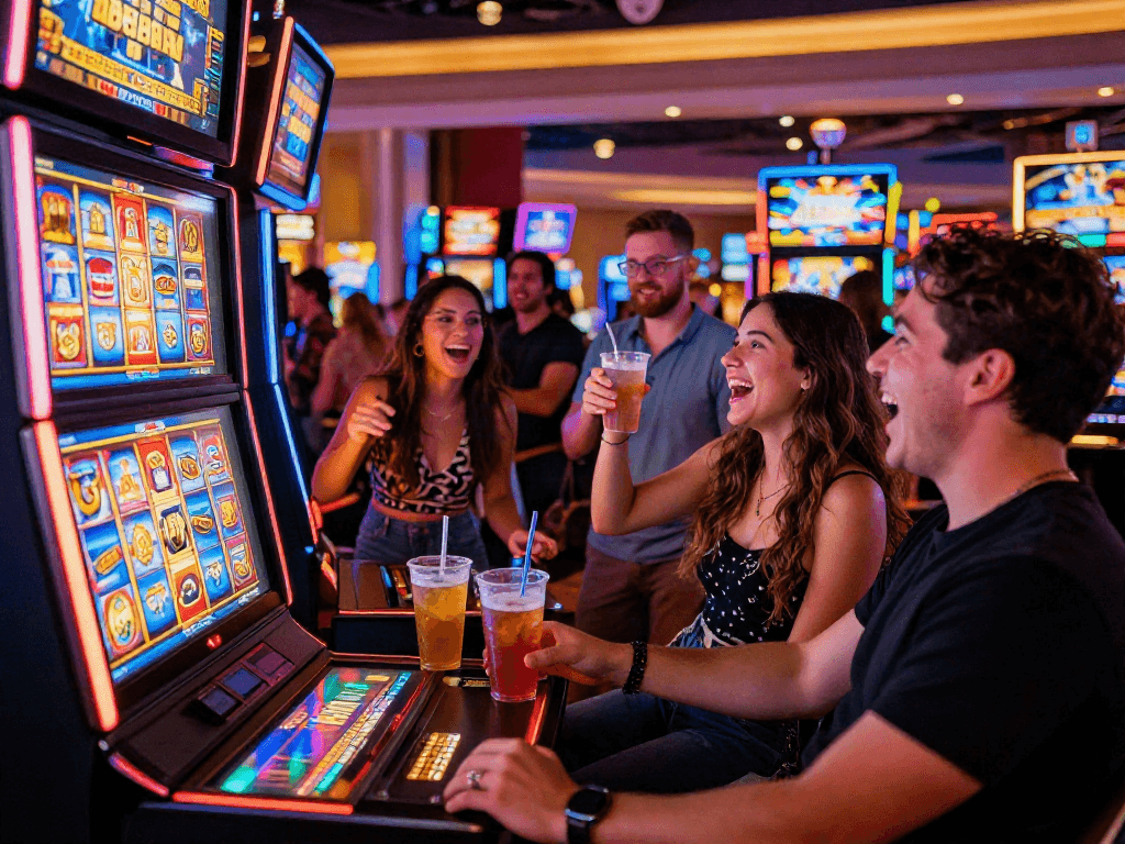 Friends celebrating a slot bonus win at a colorful casino machine