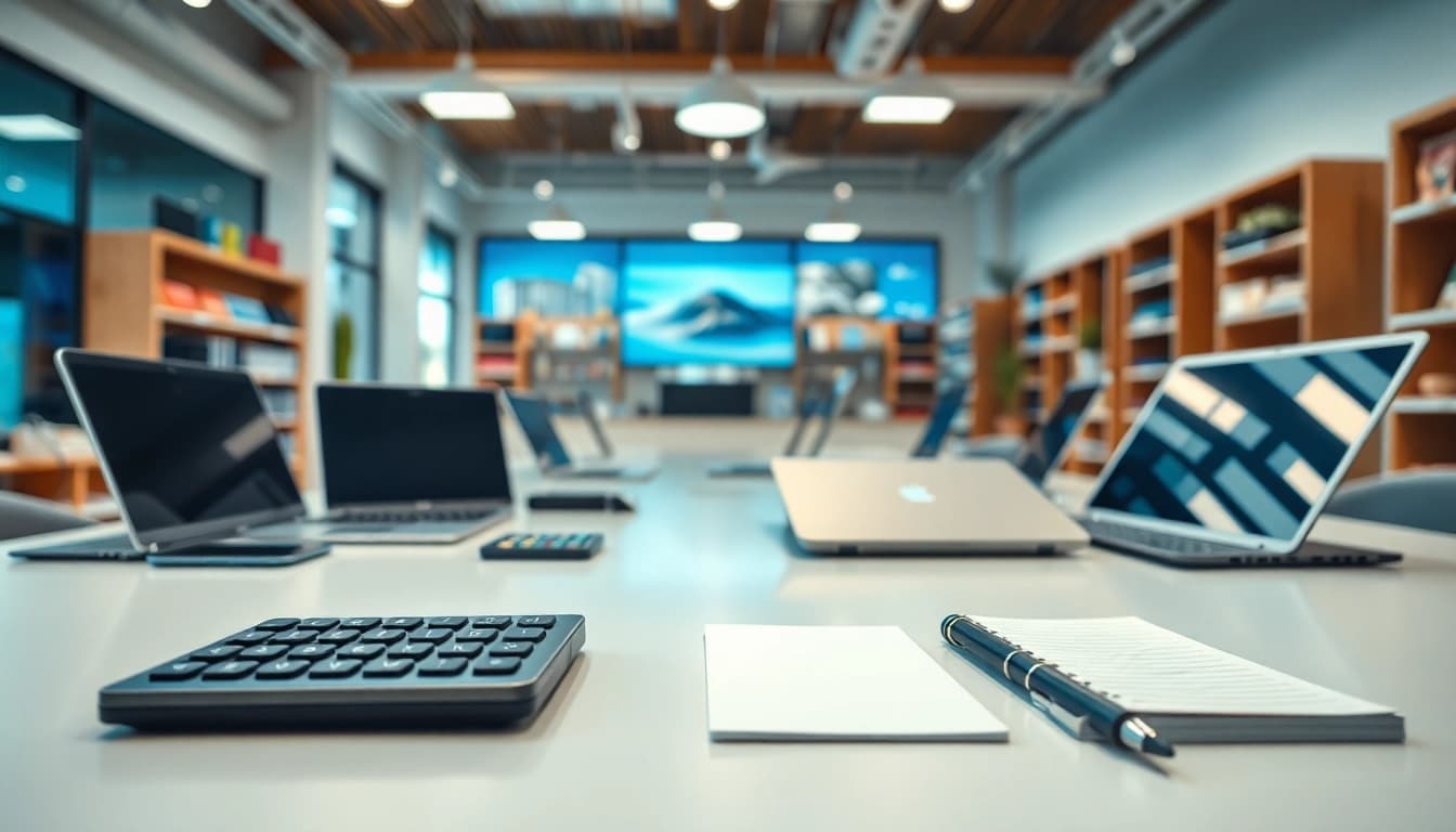 Porównanie cen elektroniki na nowoczesnym stole z gadżetami i akcesoriami.