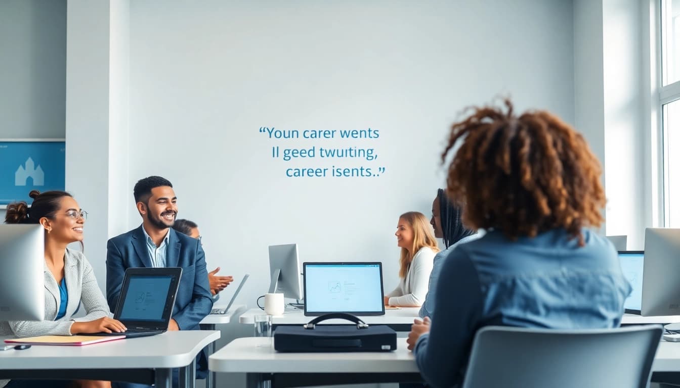 Unique career services office environment with career advisors helping clients in a professional setting.