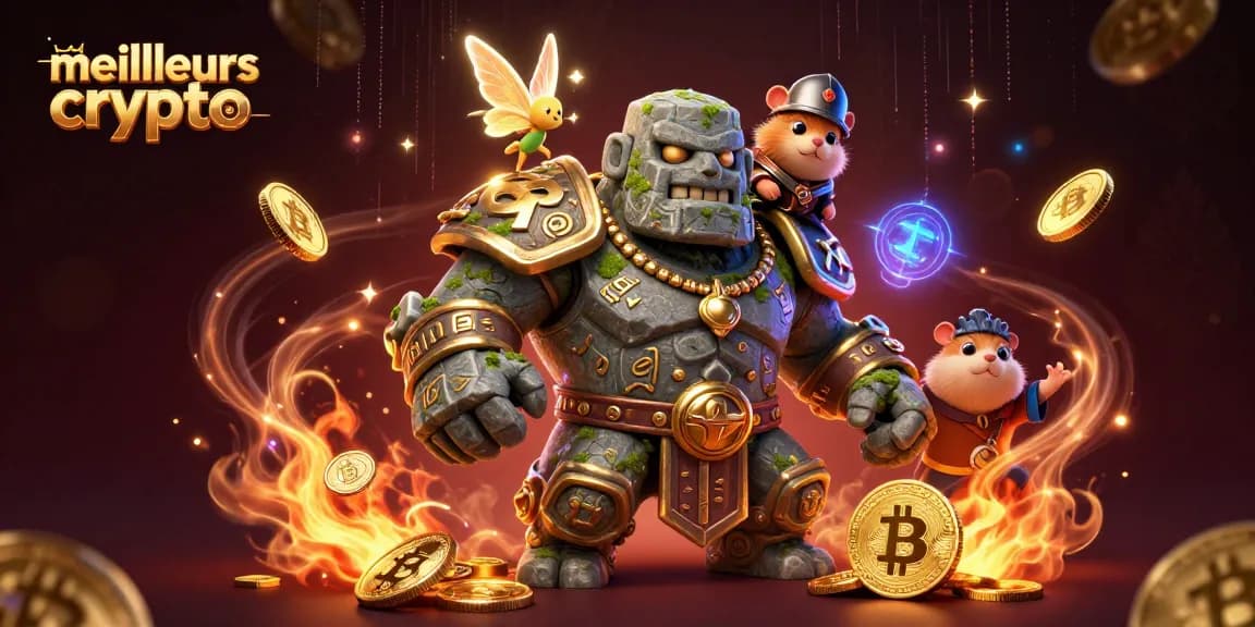 Les meilleurs casinos crypto : Illustration dynamique de jeux avec un golem, une fée, et un hamster chevalier.