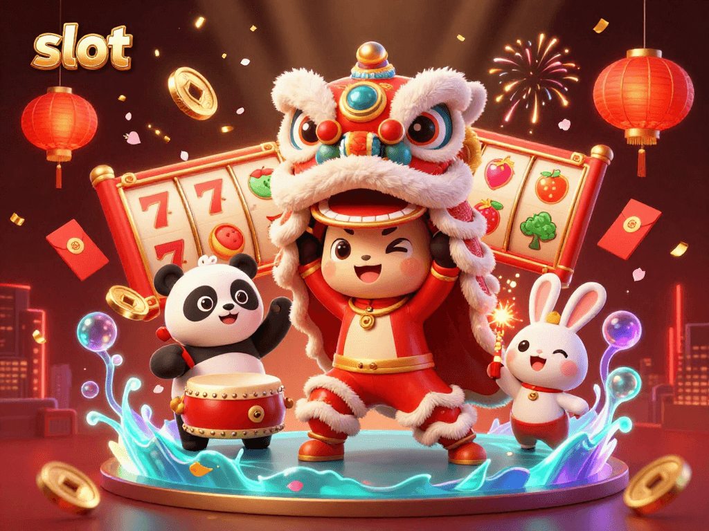Celebrate slots with a vibrant 3D illustration of a lion dance, drumming panda, and colorful game elements.
