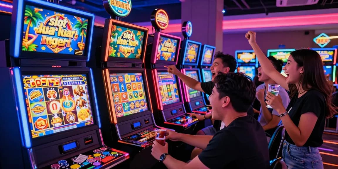 Exciting gaming scene featuring friends around "slot luar negeri" slot machine in vibrant casino.