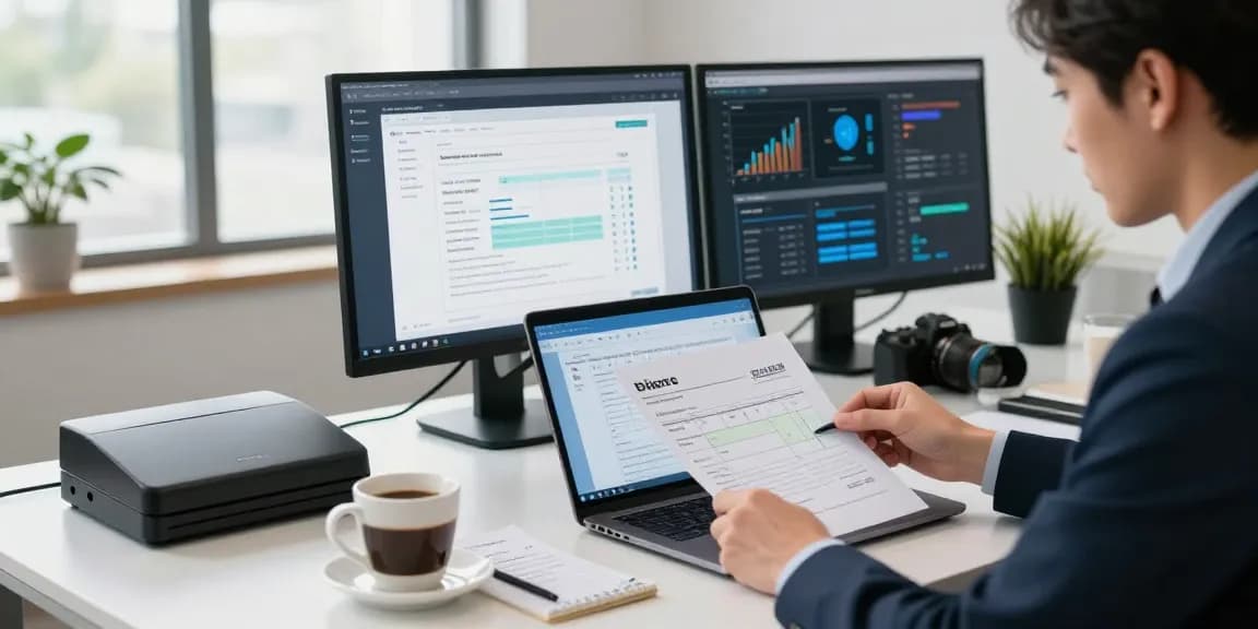 Reviewing documents to detect fake invoices in a modern office setting.