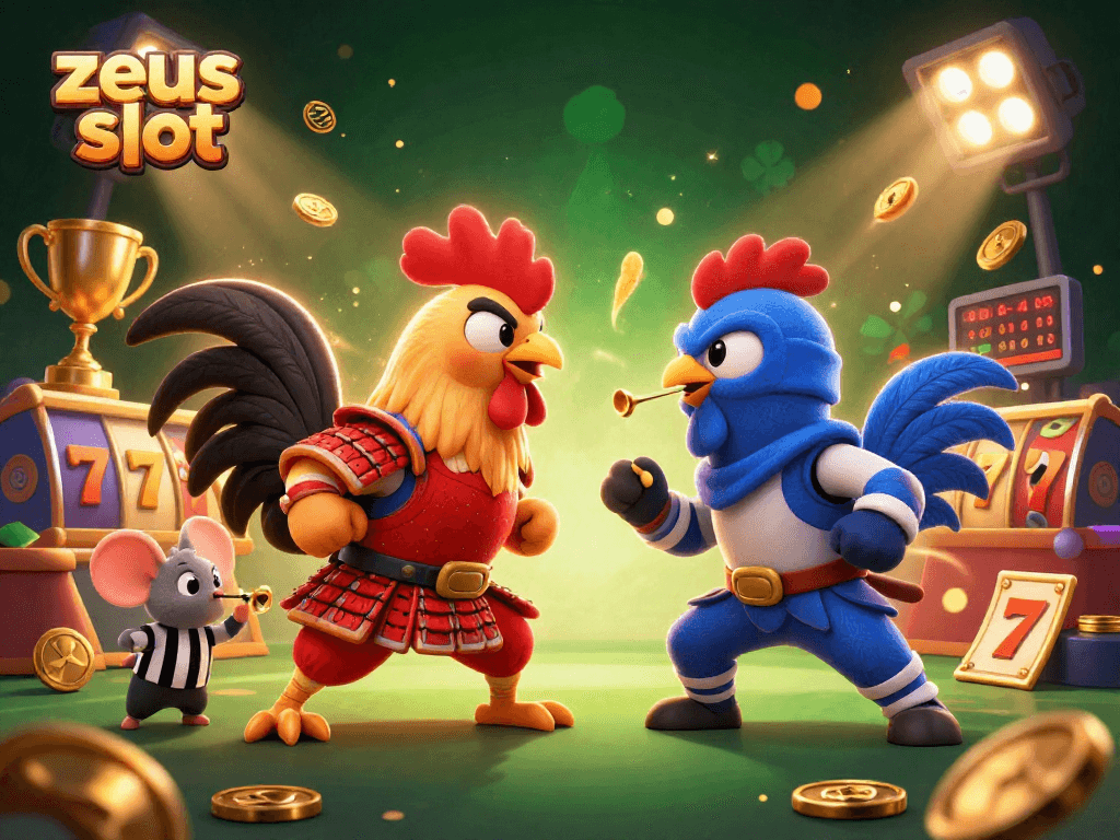 Play the zeus slot with energetic roosters and dynamic casino elements in a rich 3D illustration.