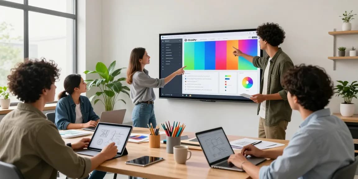 Creative team collaborating on a vibrant mixboard in a modern workspace.