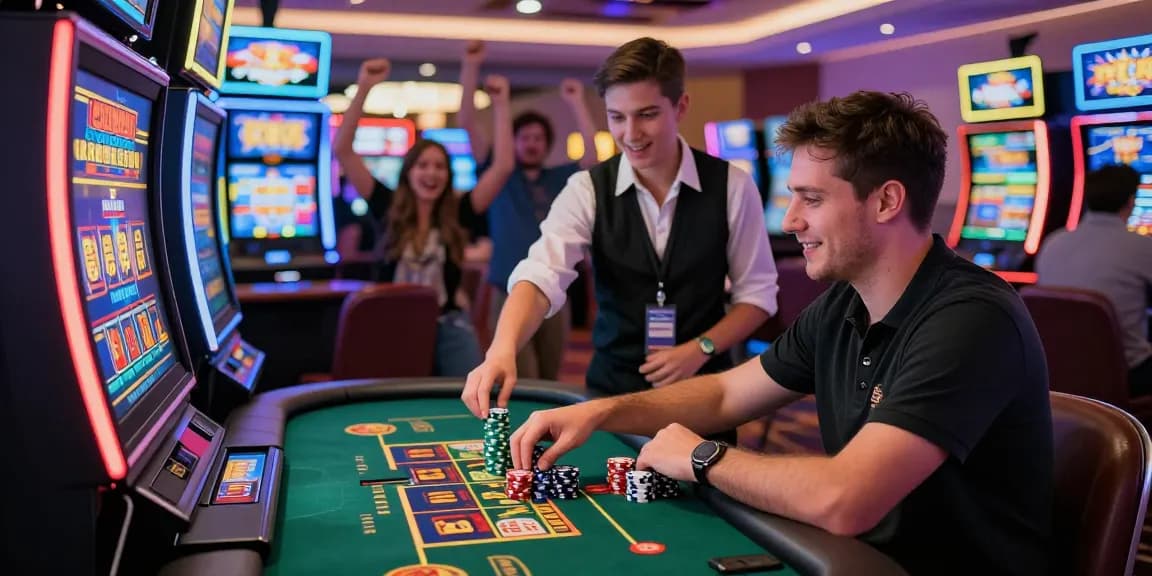 Exciting gaming scene at https://bhma.org.uk/ featuring players enjoying credit card casinos with vibrant slot machines and poker tables.